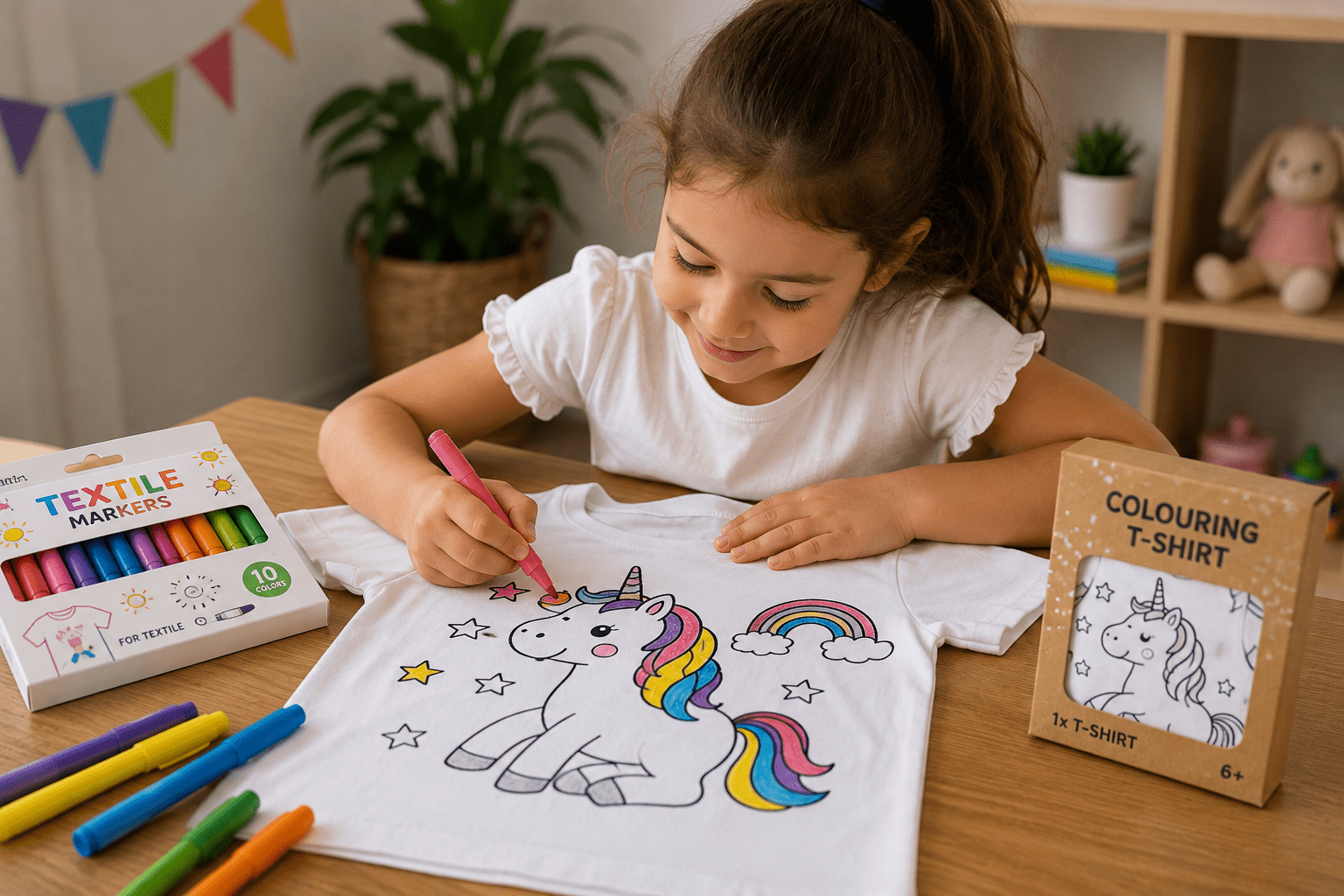 Niña coloreando una camiseta infantil con rotuladores textiles